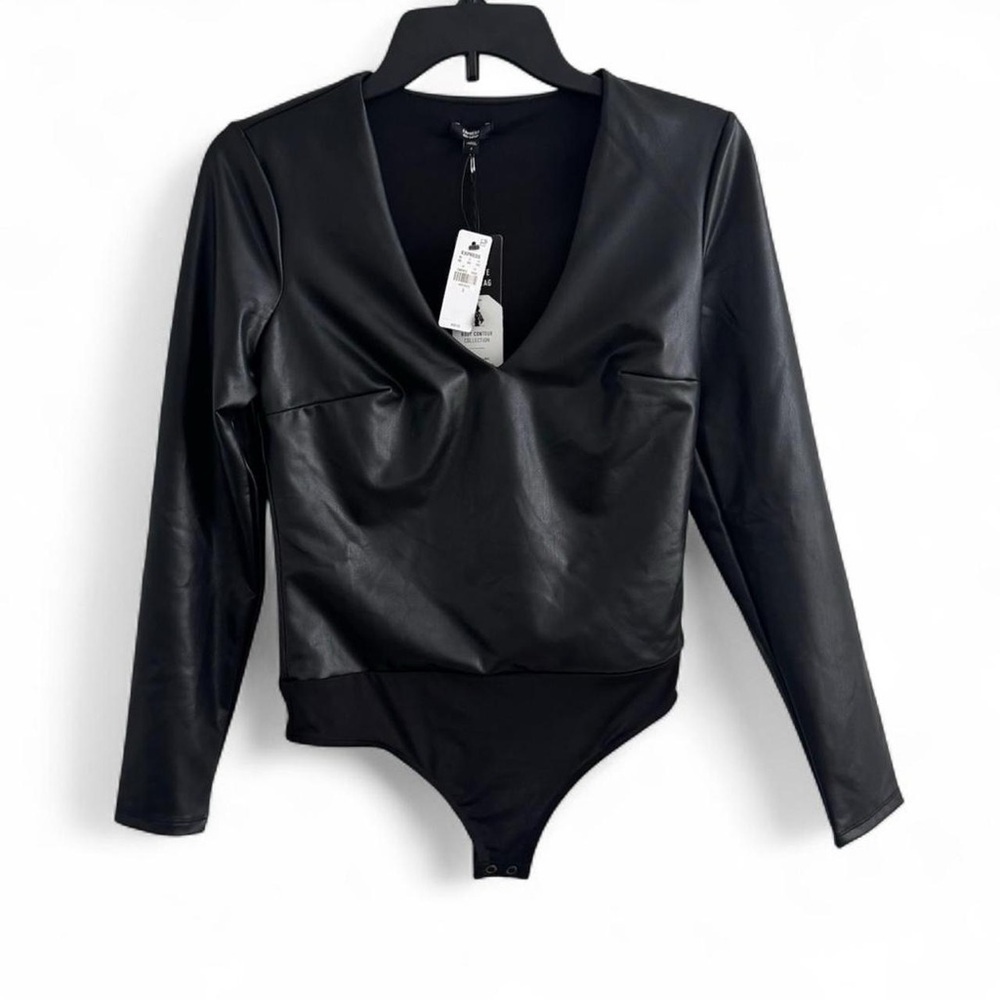 NWT Express Black Faux Leather Long-Sleeve Bodysuit